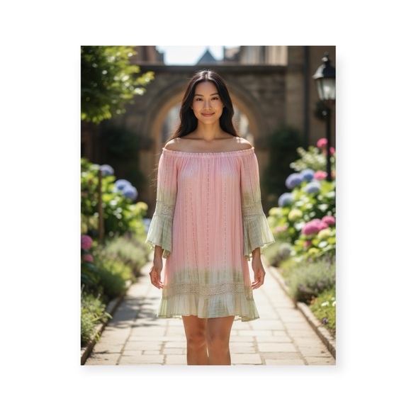 new Zury 𖡗 Metallic Thread Off Shoulder Peasant Dress 𖡗 Pink Tie Dye Ombré 𖡗 - Picture 1 of 16